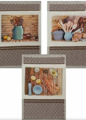 Armenian Spirit Set 3 Kitchen tea towels Soft linen cotton Wooden dishes NEW