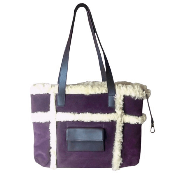 UGG Large Plum & Ivory Leather Shearling Sheepskin Tote Bag MINT CONDITION image 2