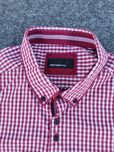 Remus Uomo Shirt Mens L Red Check Slim Fit Button Up Short Sleeve - Picture 2 of 8