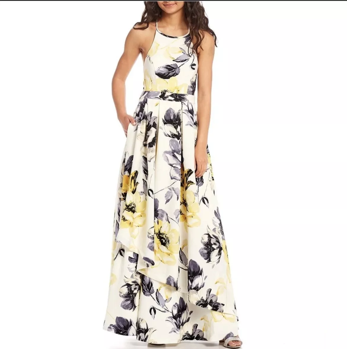 NWT Xtraordinary Formal Dress Sz 5 White Yellow Gray Floral High Neck Maxi Tiers