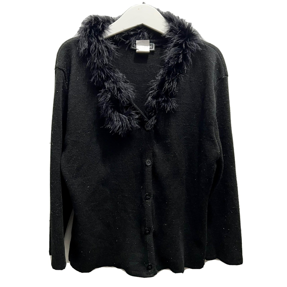 Vintage 90s Y2K Black Sweater with Furry Fuzzy Collar Cardigan