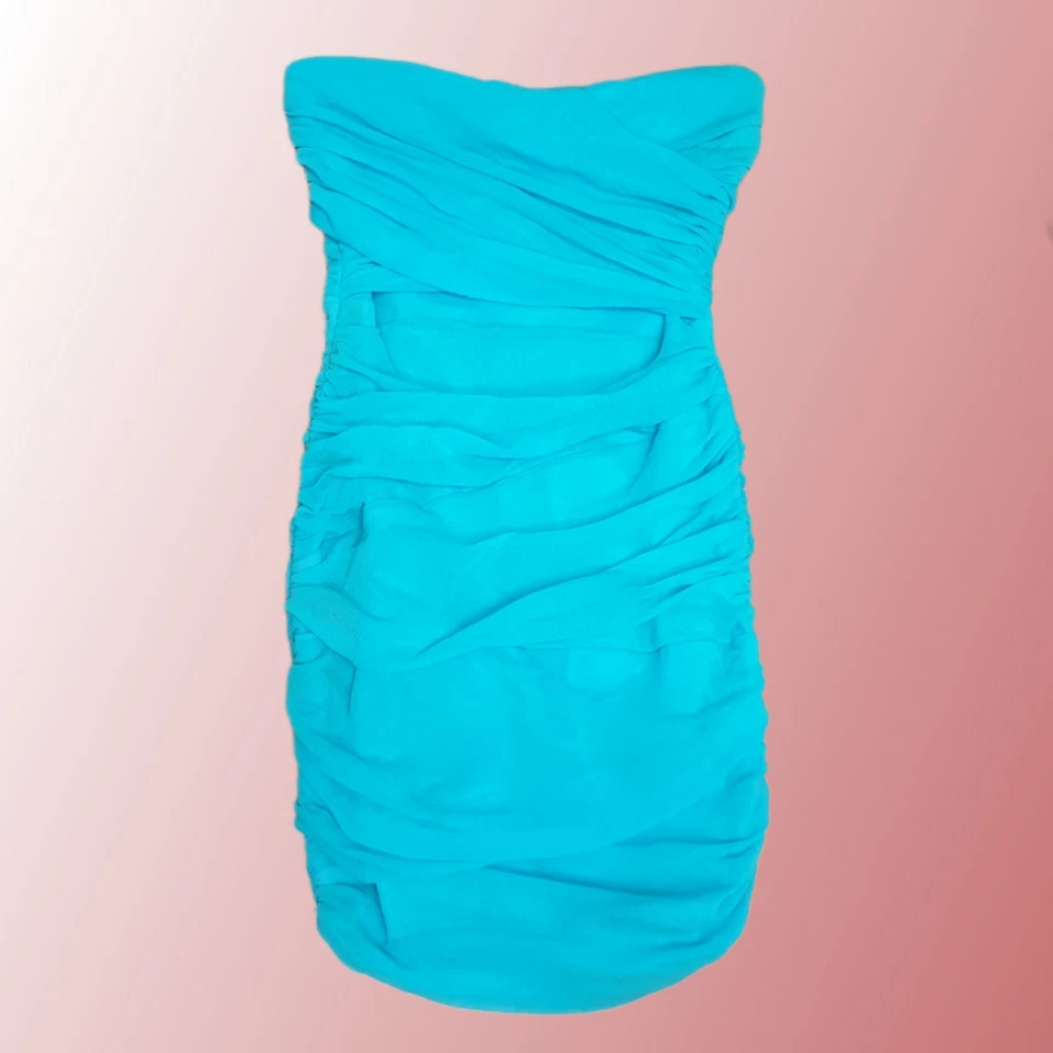 Jane Norman Vintage Y2K Ruched Mesh Strapless Tube Dress Size 10 Mini Blue 00s - Image 2 of 4