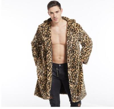 Winter Men's Leopard print Overcoat Faux Fur Outwear Western style Mid Length 