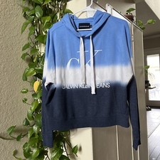 CALVIN KLEIN Women's Blue Ombre LOGO Long Sleeve Pullover Hoodie Sweater Size M