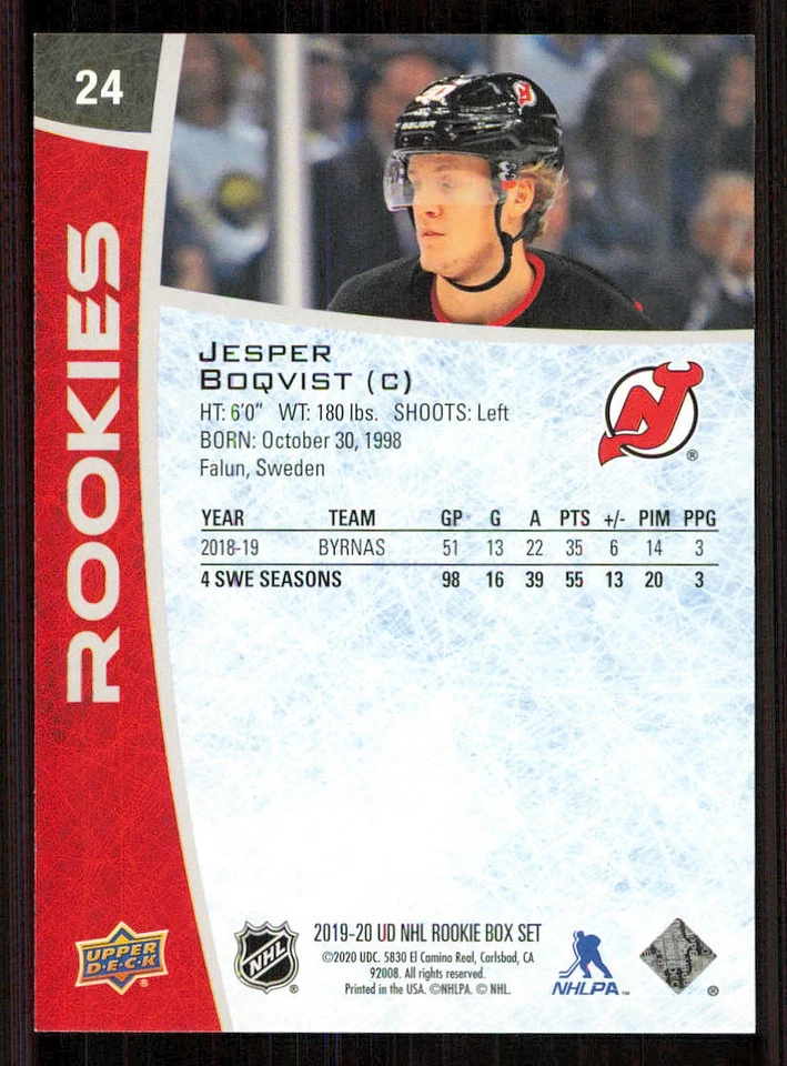 2019-20 Upper Deck Rookies Box Set #24 Jesper Boqvist - Image 2 of 2