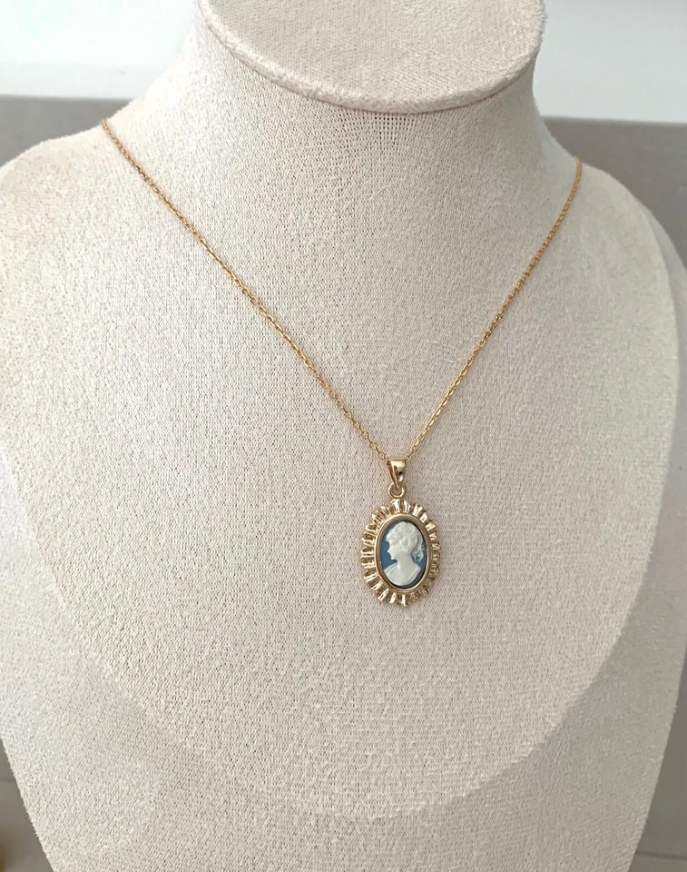 Pendentif Camée Bleu En Plaqué Or 18 Carats 750/1000 Bijoux Femme - Photo 4/4