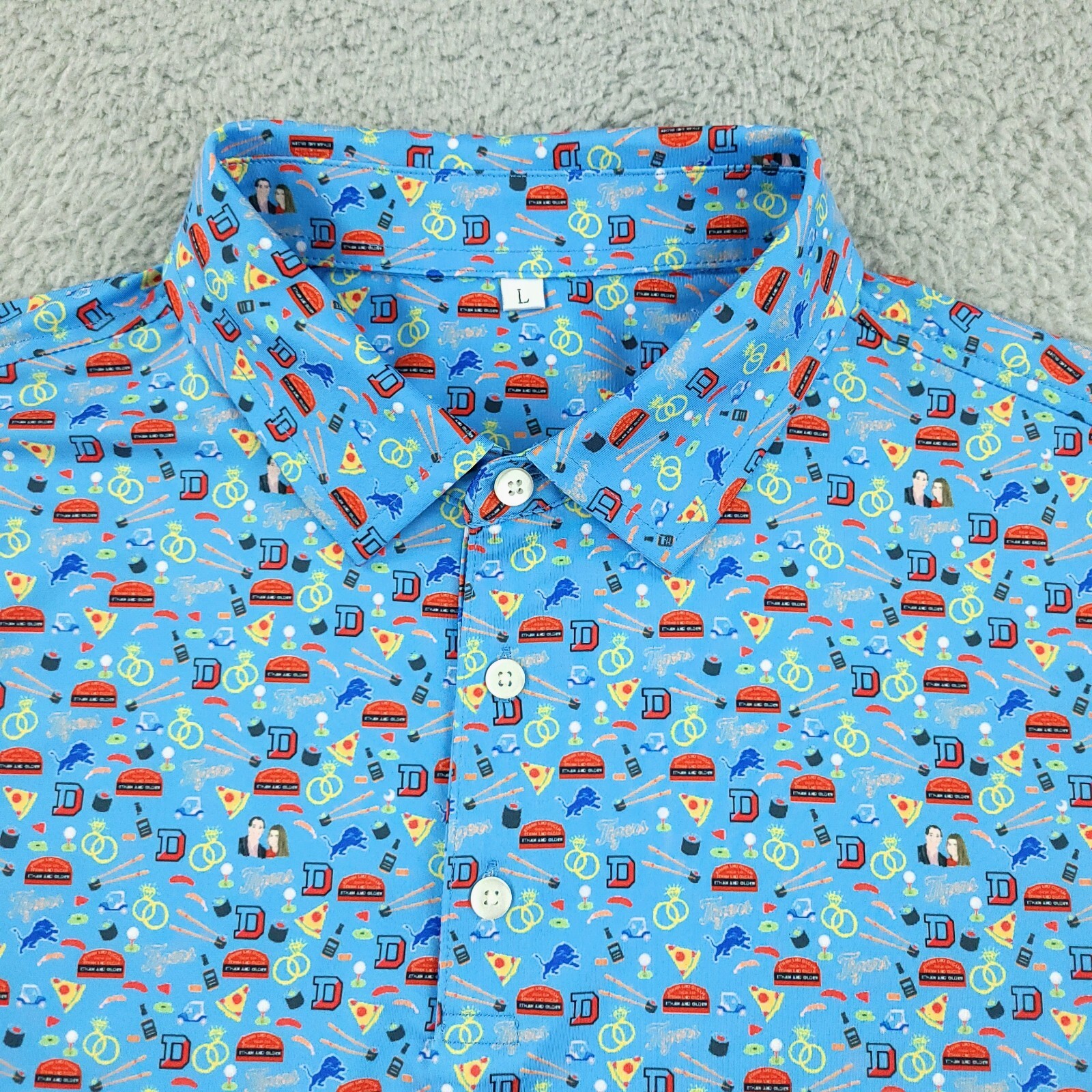 Detroit Lions Hotdogger Golf Shirt Mens Large Blue AOP Casual Activewear