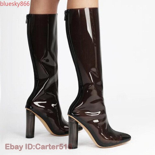 Women transparent High Heels Party Shoes PVC Pointed Toe Knee High Clear Boots - Picture 22 of 27