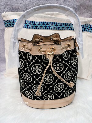 Tory Burch T Monogram Chenille Mini Bucket Bag, Black/New Cream