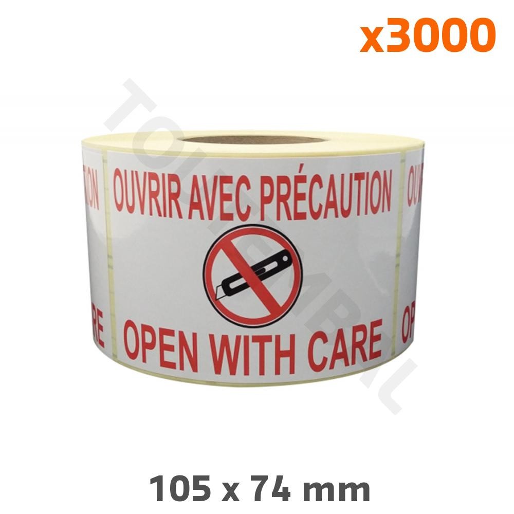 Étiquette Ouvrir avec précaution pour éviter la casse logistique format 105x74mm