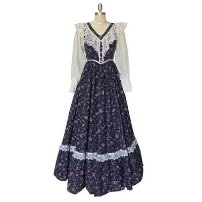 Gunne Sax Vintage 70s Maxi Dress S 9 Blue Floral Lace Prairie