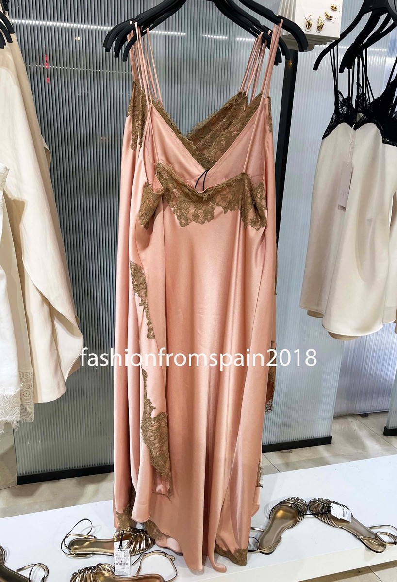 ZARA NEW WOMAN STRAPPY LONG ZW SATIN LACE DRESS SLIT DUSTY PINK  2678/047/676 | eBay