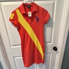 Ralph Lauren Sport Shirt Dress XS Tomato Yellow Stripe Logo Embroidered Button