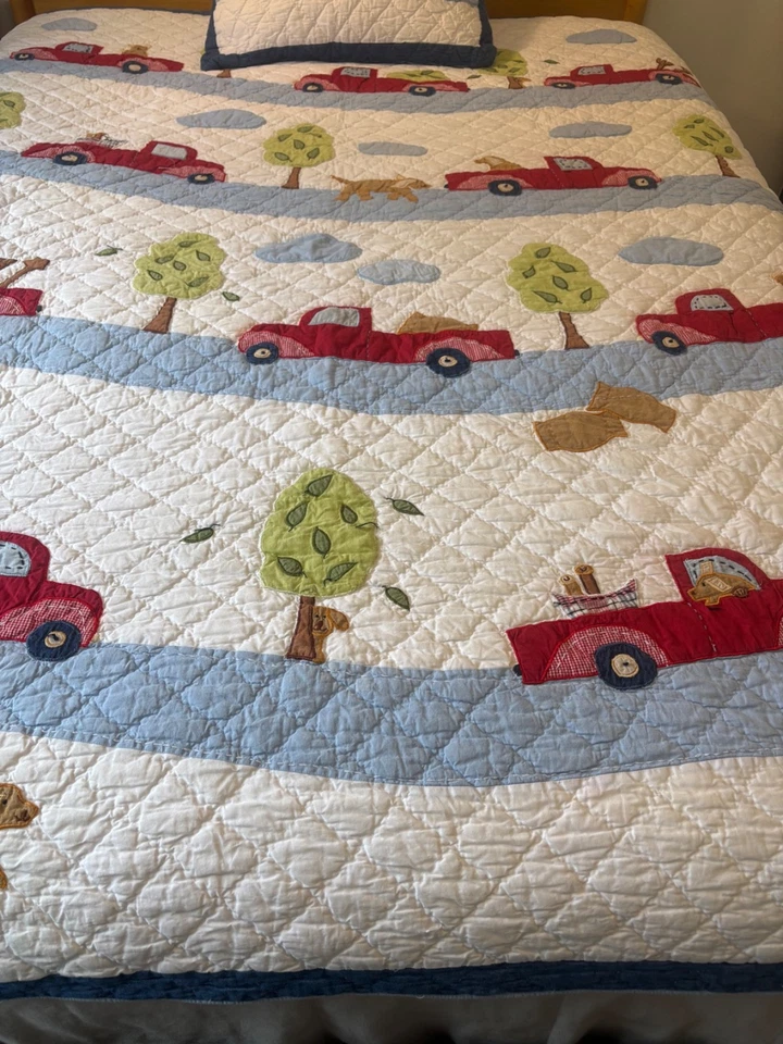 "Falsa de edredón/almohada Pottery Barn Kids Noah's Transportation con apliques 67""x83""" Foto 3 de 4