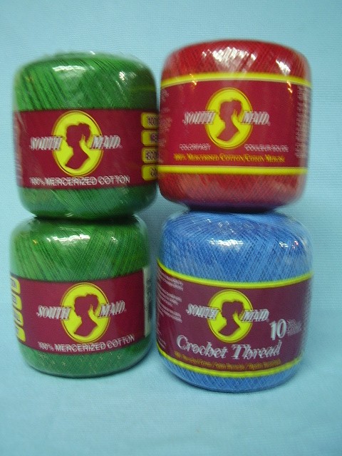 (NEW) LOT of 4  South Maid size 10 crochet thread  RED, BLUE  & (2) GREEN 350 yd