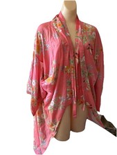 Vtg Best Quality Japan 52.5 Long Kimono Robe Peachy Pink w/Birds One Size