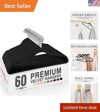 Black Velvet Hangers 60 Pack, Non Slip Clothes Felt Hanger Heavy Duty for Coa...