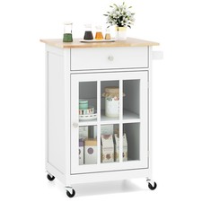 65cm Rolling Kitchen Island Cart with Rubber Wood Top Lockable Wheels Drawer