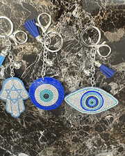 Blue/Silver Metal Hamsa Hand  Evil Eye Keychains Set of 3, Detachable Keyring