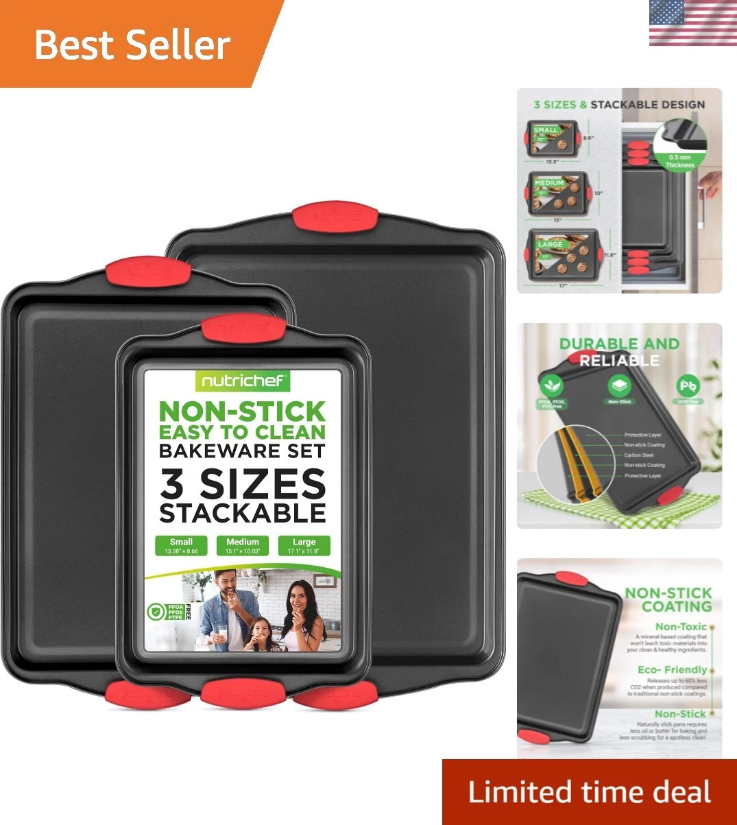 Versatile 3-Piece Nonstick Cookie Sheet Set - Dishwasher Safe & Stain-Resistant