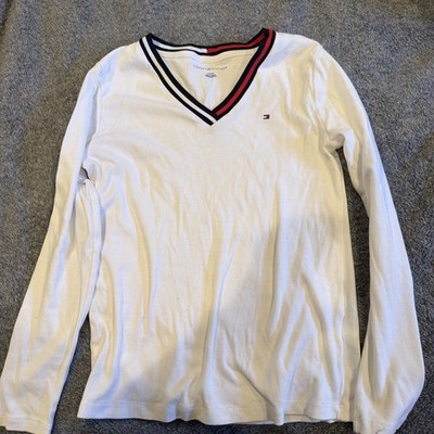 NWT Tommy Hilfiger White Long Sleeve Polo Style V Neck Shirt Top Size M Medium