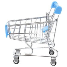 Mini carrito de compras de metal azul juguete duradero para decoración de oficina en casa