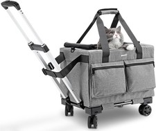 Pecute Cat Carrier with Wheels Breathable Mesh Pet Trolley Bag Wire Frame Grey