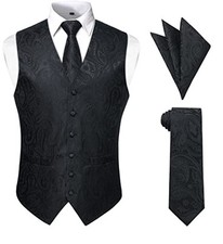 Mens Vest Tie Set Paisley Vest and Necktie Pocket Square Medium A-01 Black 1