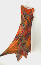 Wallis Dress Women's Orange Stretch Patterned Handkerchief Hem Midi Knot Size 14