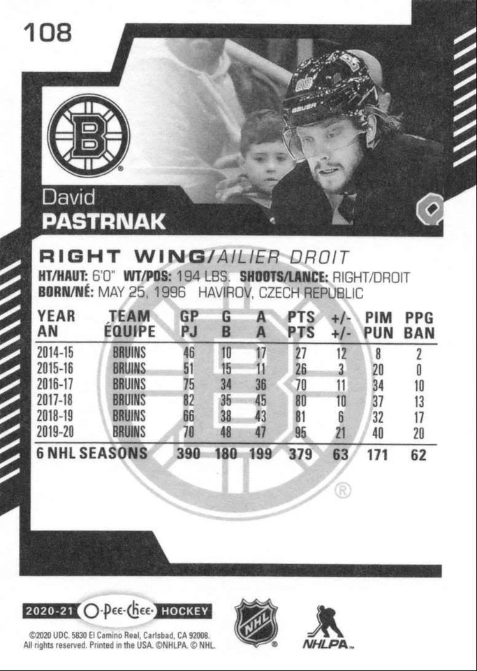 2020-21 O-Pee-Chee David Pastrnak Boston Bruins #108 - Image 2 of 2