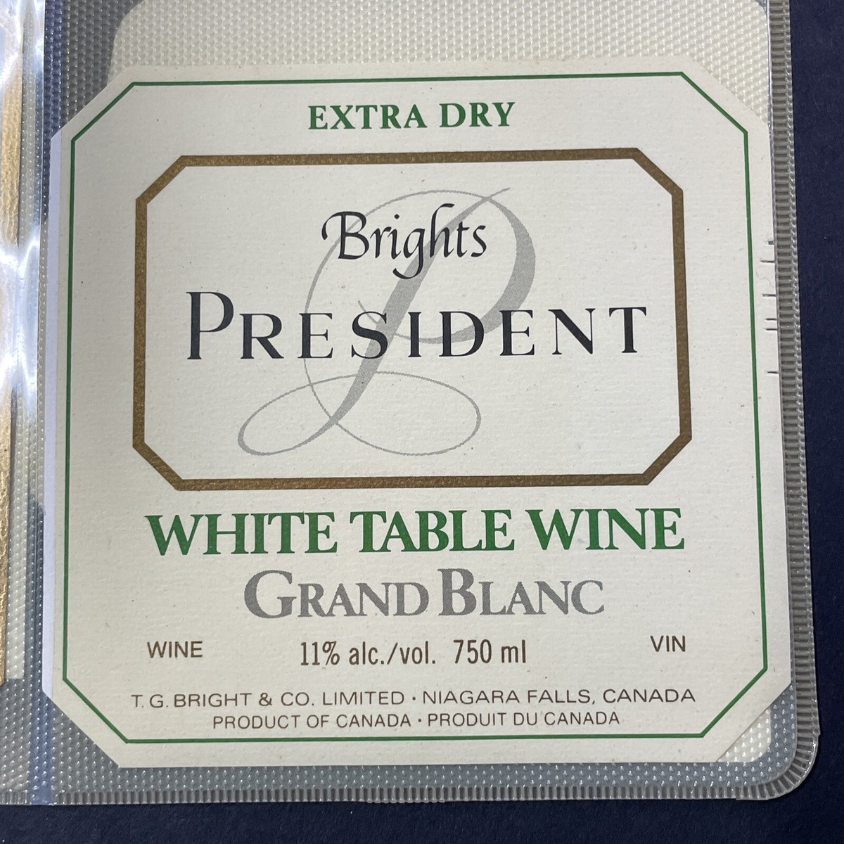 Vintage Brights Winery President White Table Wine UNUSED Paper