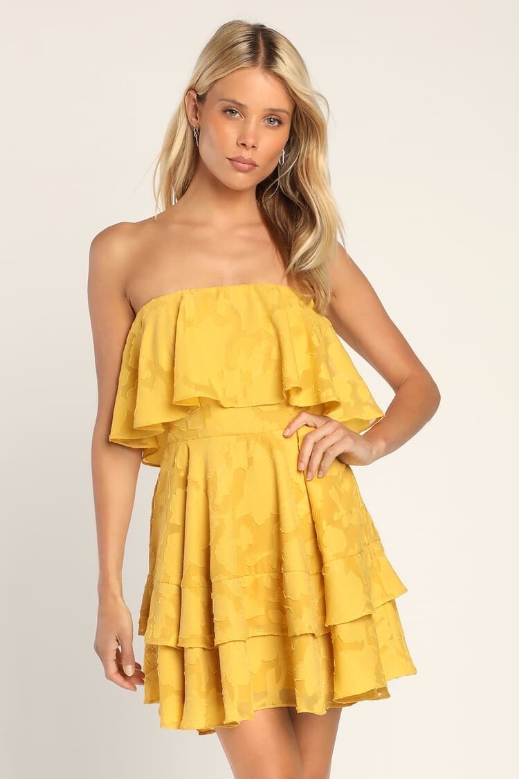 【LOULOUSEOUL】Cream Rose Mini Dress (Yellow) Lulus True Lover Mustard Yellow Burnout Floral Strapless