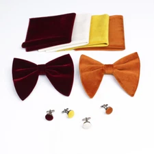 Men Velvet Pre-tied Bow Tie Pocket Square Cufflink Bowtie Hanky Set