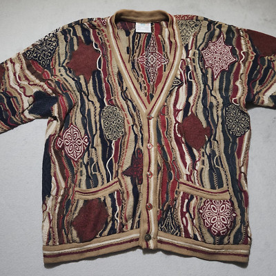 Coogi Knitted Cardigan Sweater Men's XL Tall 3D Knit Texture Biggie Australia