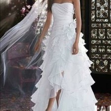 Strapless High Low Soft White Wedding Dress Size 8 with 3D Flowers FREE Shipping