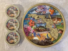 Florida Metal Tray 11" AND 6 Coasters Map Tourist Spots Souvenir Attractions