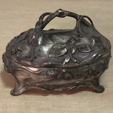 Vintage Jewelry Casket Box Silver Flowers Handle Silk Lining Art Nouveau
