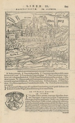 Martpurgum / Marcpurg. Vogelperspektive von Marburg, Hessen. MÜNSTER 1572 alte Landkarte