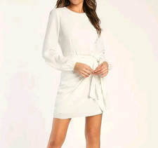 Lulus White Long Sleeve Faux Wrap Crepe Dress Sz Large Wedding Bride Bridal NEW