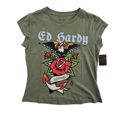 Ed Hardy T Shirt Women's M Green Rhinestone Eagle Rose Floral Graphic Logo NWT