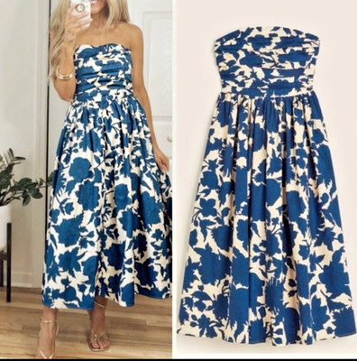 H&M Med Bandeau Midi Blue White Floral Strapless Dress Wedding Tea  Blogger Fav