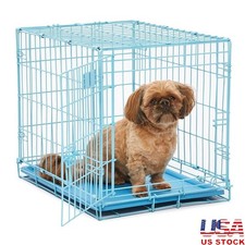 Folding Metal Dog Crate W/ Divider Portable Leak-Proof Pan Secure Design Blue US