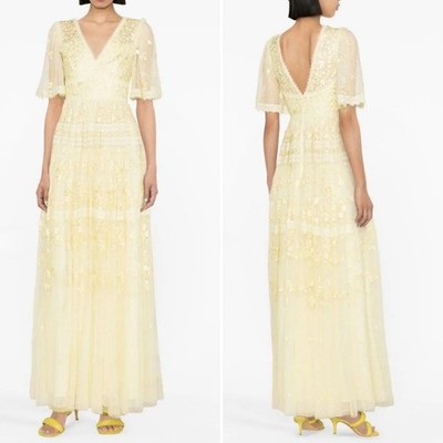 Needle & Thread Sweetheart Lace Embroidered Gown Flounce Sleeve Size 14 Yellow