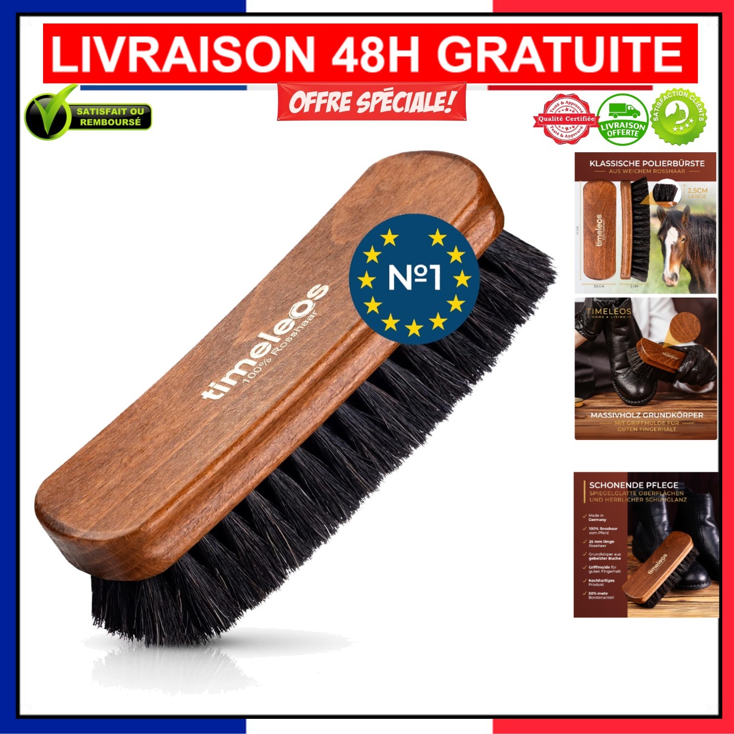 Brosse à chaussures en crin premium et manche bois pour glaçage de luxe