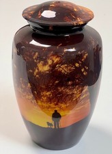 Cremation Urn Sunset Walking Dog Adult Funeral Memorial Ashes Aluminum 11"