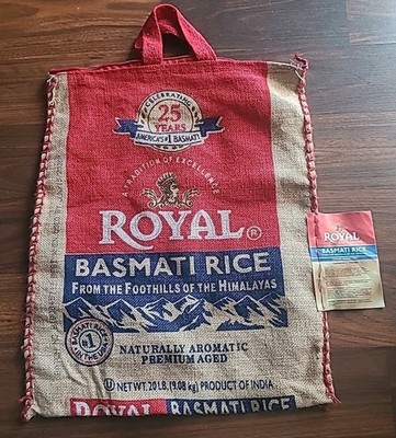 Royal Basmati Rice Bag 20lbs Burlap Handles Zipper Heavy Duty Empty Boho