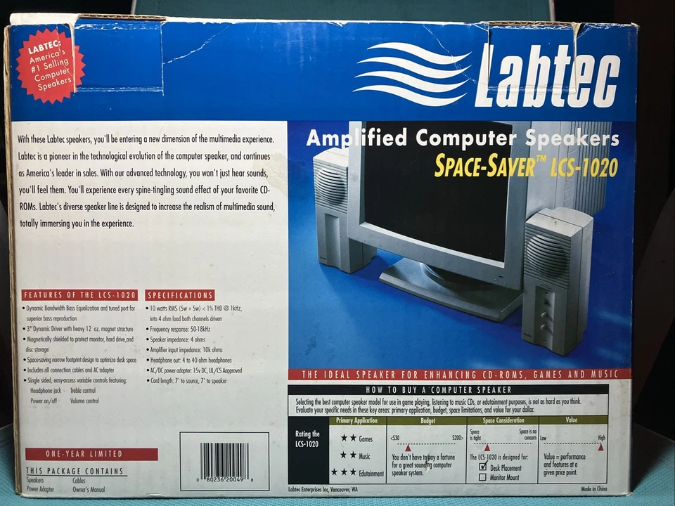 Brand New Old Stock LABTEC AMPLIFIED COMPUTER SPEAKERS SPACE SAVER LCS-1020 - Image 4 of 4