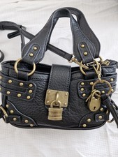 Black Leather Look Padlock Shoulder Crossbody Bag Gold Stud Detail