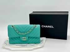 Chanel Small Classic Flap 11.12 19s Tiffany Blue Green Chevron Grained Calfskin