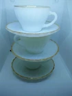 Set 3 Coffee Cup Sauser Vintage ANCHOR HOCKING Oven  White Milk Glass   Gold Rim